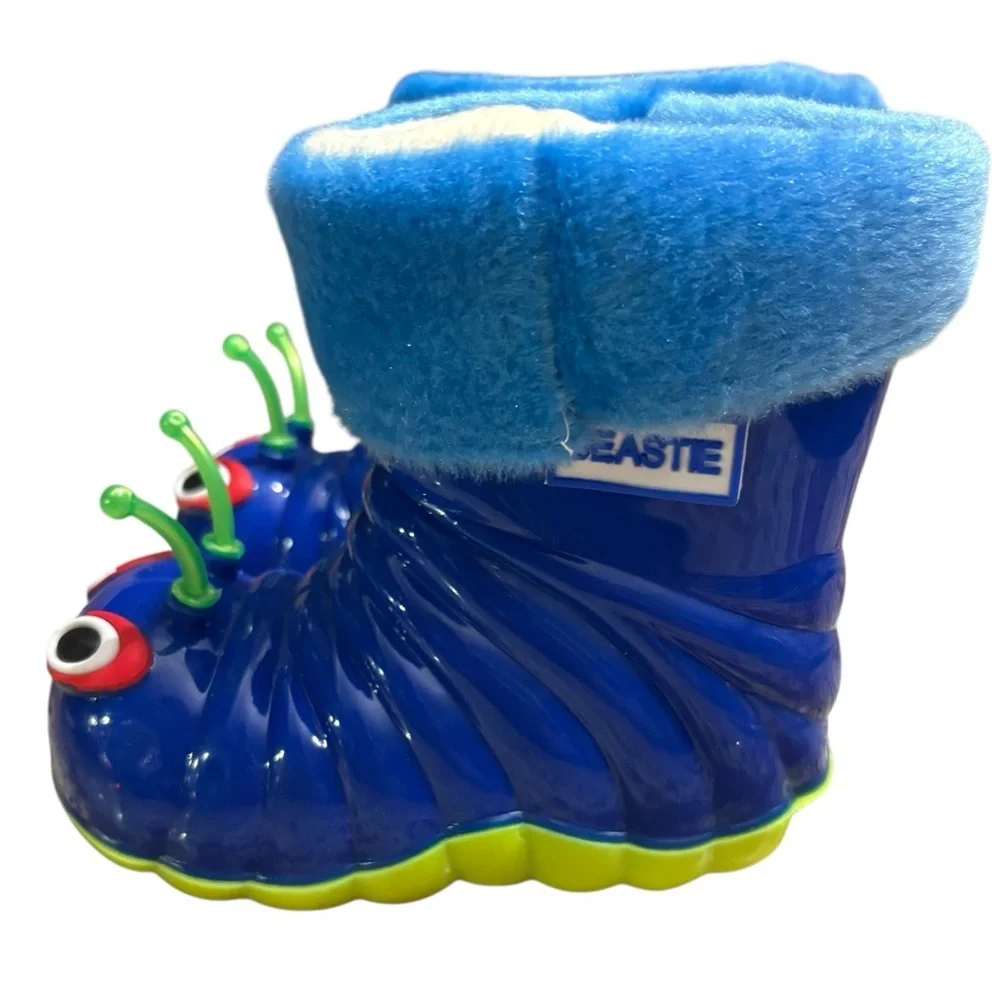BEASTIE Little Kids Blue/Green Caterpillar Fleece Lined Rain/Snow Boots